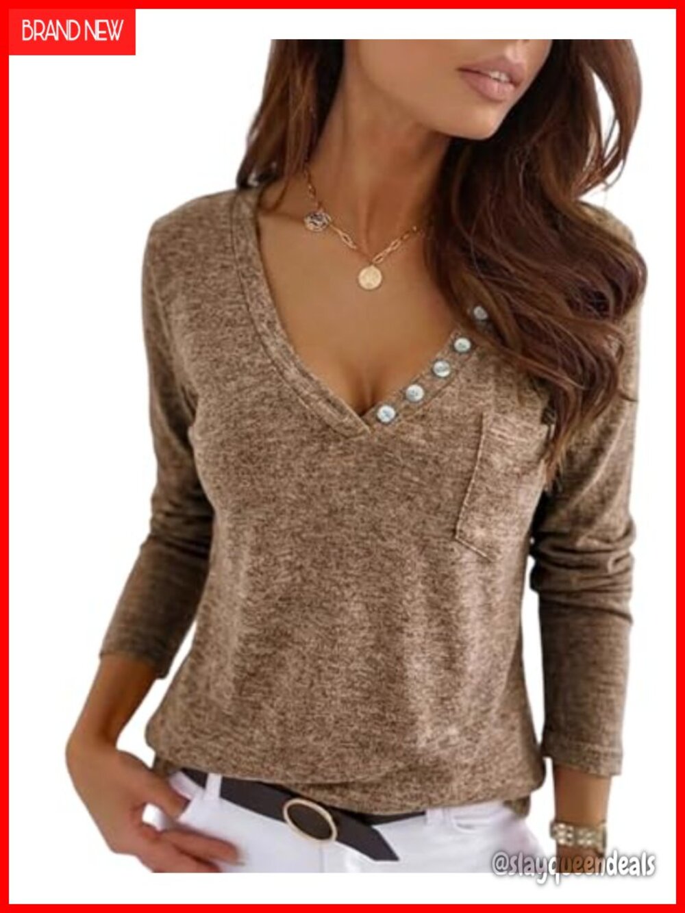 Women's V-Neck Long Sleeve Button Pullover Top Soft Ribbed Knit Work Casual